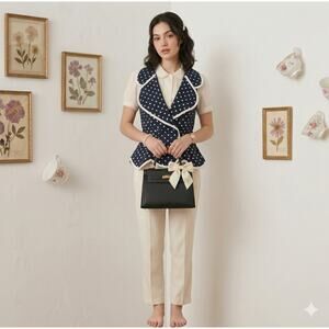 Young Edwardian Vintage Polka Dot Scalloped Vest Blouse XS Black White Coquette